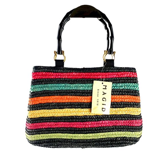 MAGID Multi Colored Striped Wheat Straw Double Wooden Handle Satchel - Picture 14 of 14